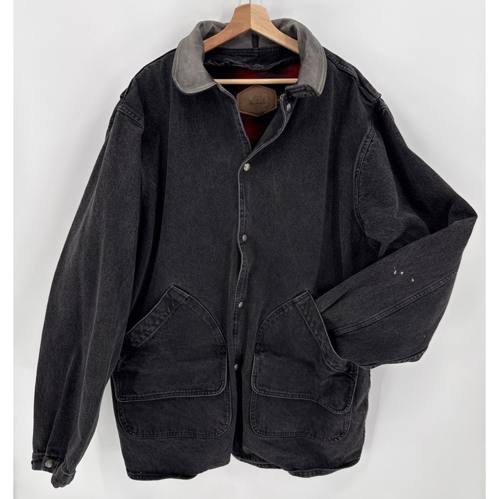 Vintage Woolrich Mens Washed Black Denim Wool Jacket Size XL Long Retro